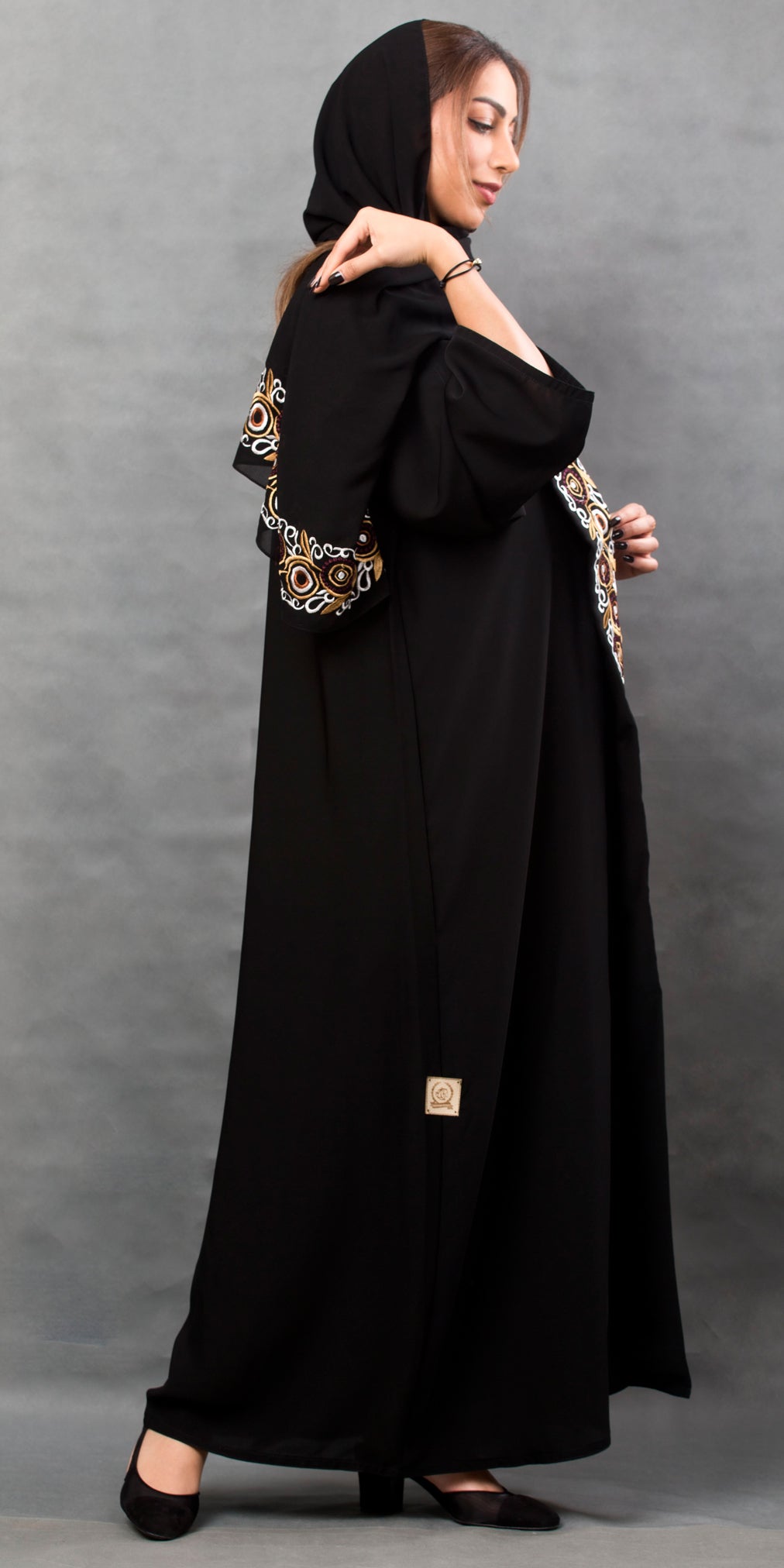 Arabic Front Open Sleeve and Front Embroidered Abaya Black
