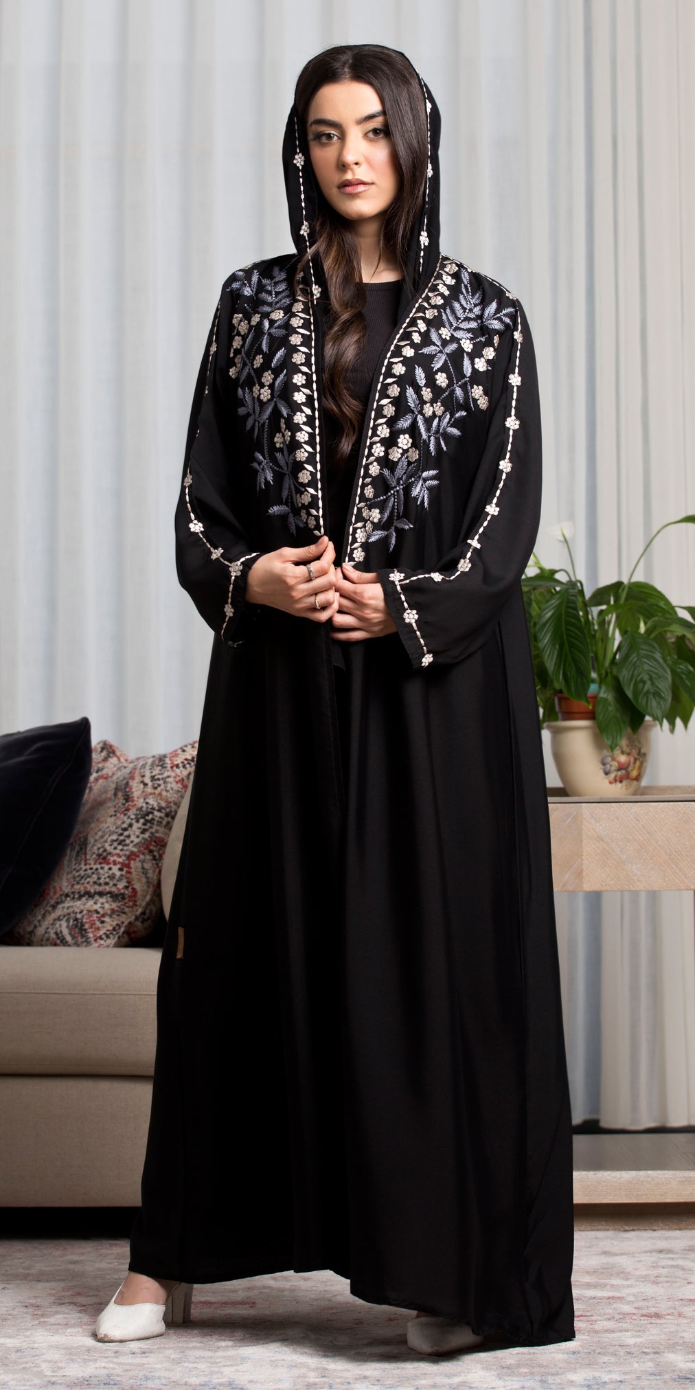 BL-0192 black crepe abaya with embroidery + embroidered hijab