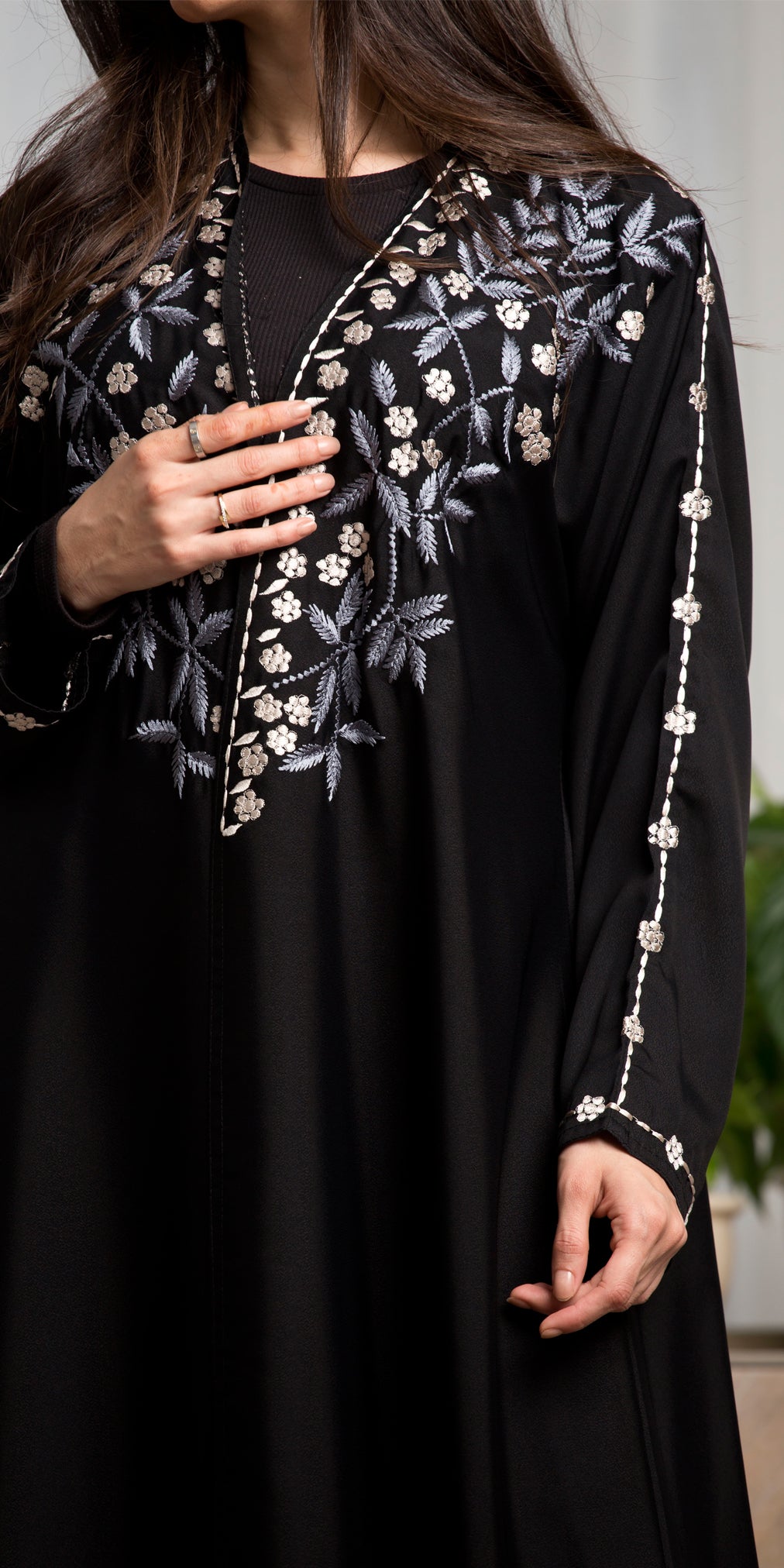 BL-0192 black crepe abaya with embroidery + embroidered hijab