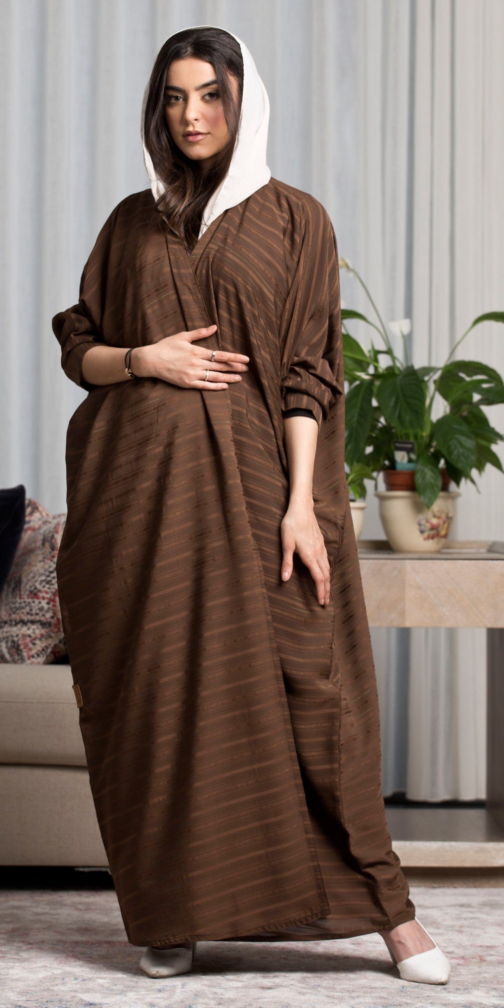 CL-0201 Abaya, wide model, light brown striped fabric