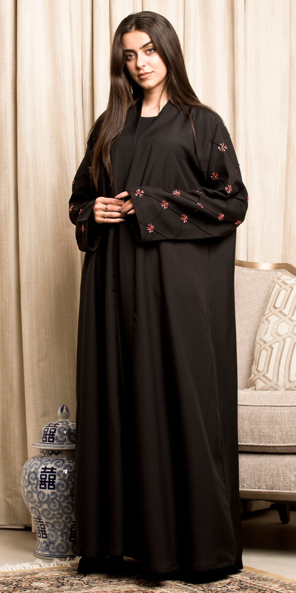 BL-0205 Abaya, classic model, with embroidered on the half top
