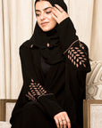 BL-0209 Abaya, classic model, light golden embroidery & embroidered hijab