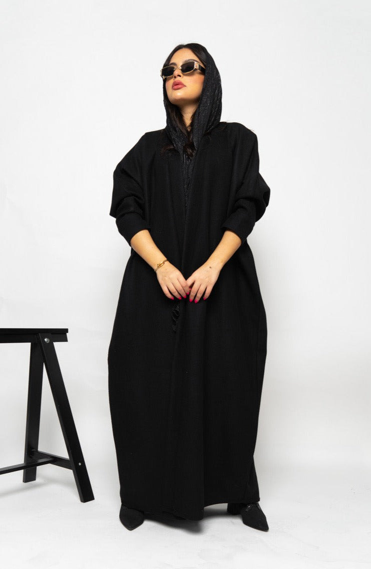 BL-0189 winter abaya, wide cut, black broadcloth fabric