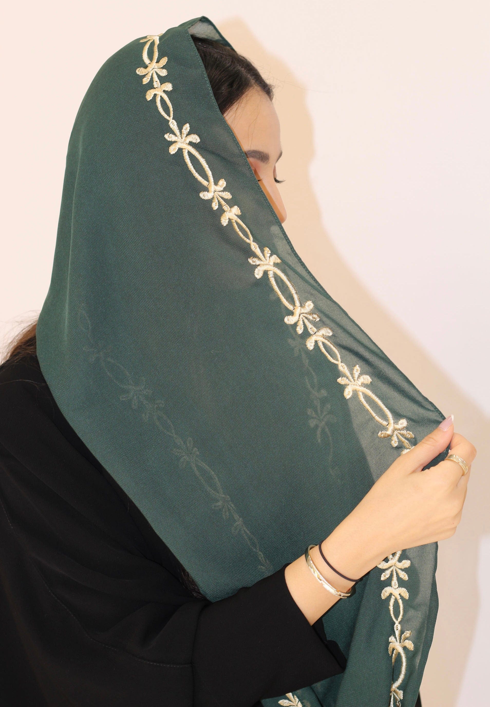 TA-233 Dark green hijab with golden embroidery
